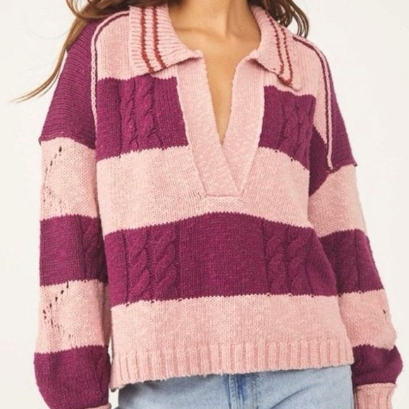 Free People Sweaters - Free People Pembrook Striped Cable-Knit Moody Pink Oversized V-neck Sweater